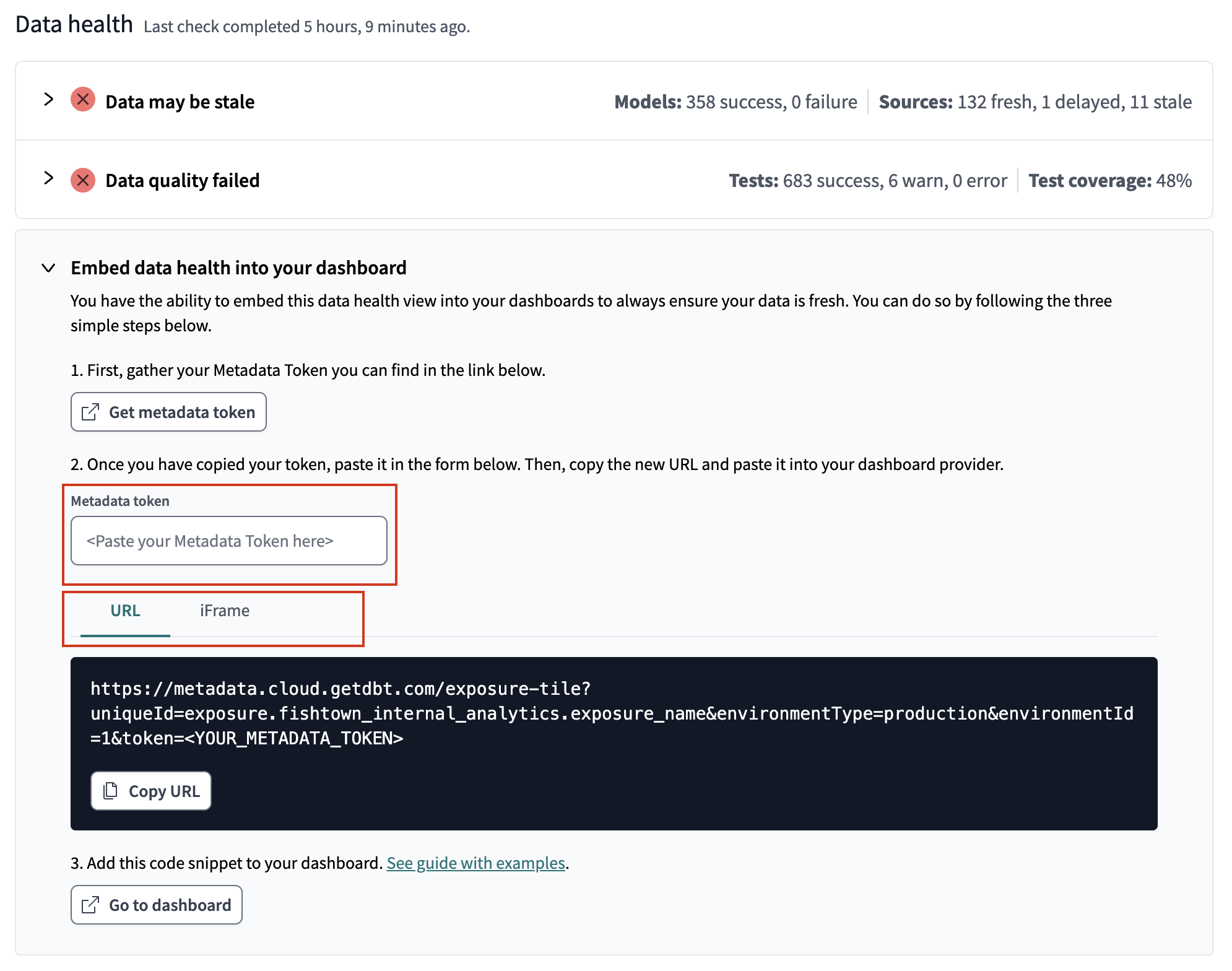 Expand the toggle to embed data health tile into your dashboard.